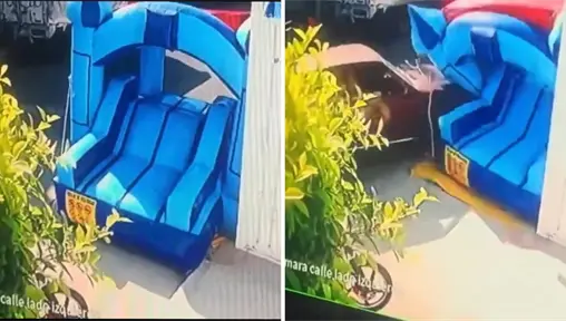 VIDEO | Momento exacto en que un auto choca contra un juego inflable infantil en Chimalhuacán