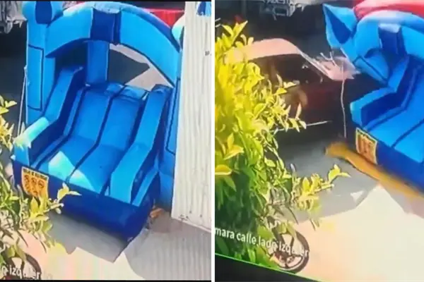 VIDEO | Momento exacto en que un auto choca contra un juego inflable infantil en Chimalhuacán VIDEO | Momento exacto en que un auto choca contra un juego inflable infantil en Chimalhuacán