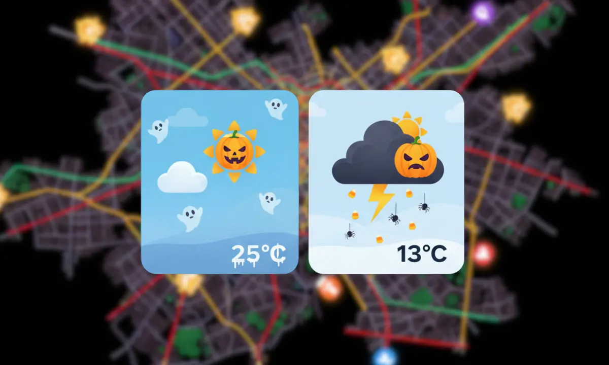 Mapa de la Ciudad de México. Íconos de clima con adorno por festividad | Foto: Gemini IA