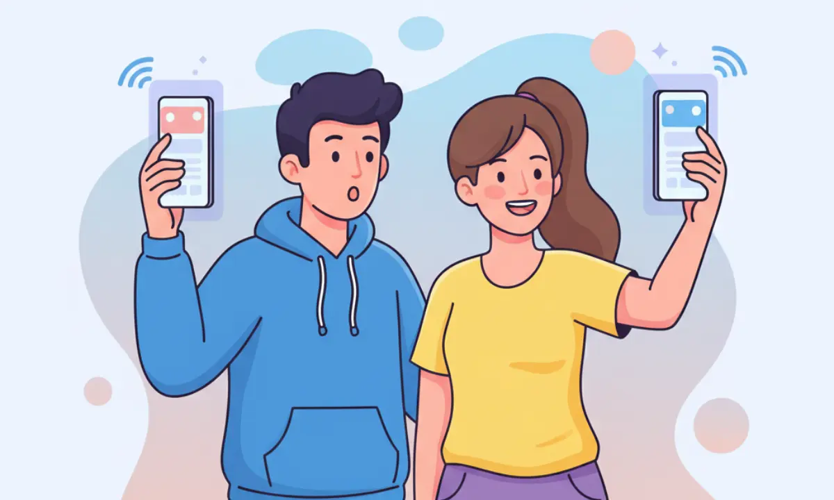 Dibujos de dos personas sosteniendo celulares móviles | Gemini IA