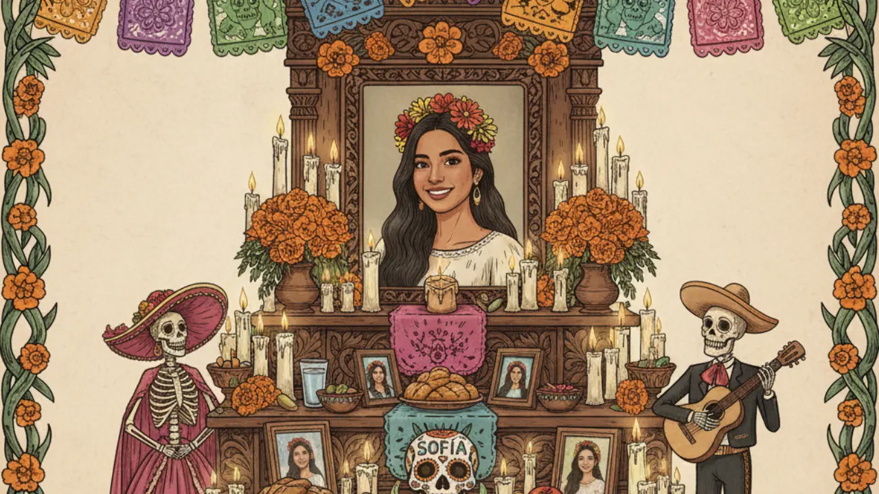 Dibujo de altar de Día de Muertos a mujer joven | Gemini IA