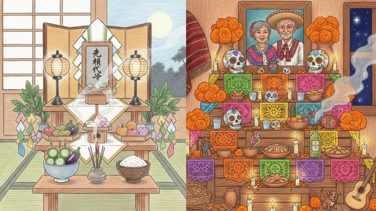 Altar por el Obon en Japón y Altar tradicional mexicano por Día de Muertos | Gemini IA