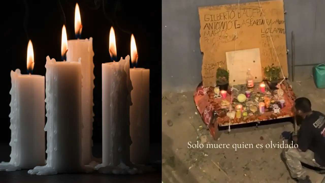 Velas. Screenshot de hombre en situación de calle honrando a sus compañeros con ofrenda en la calle | Gemini IA | Facebook | Canva