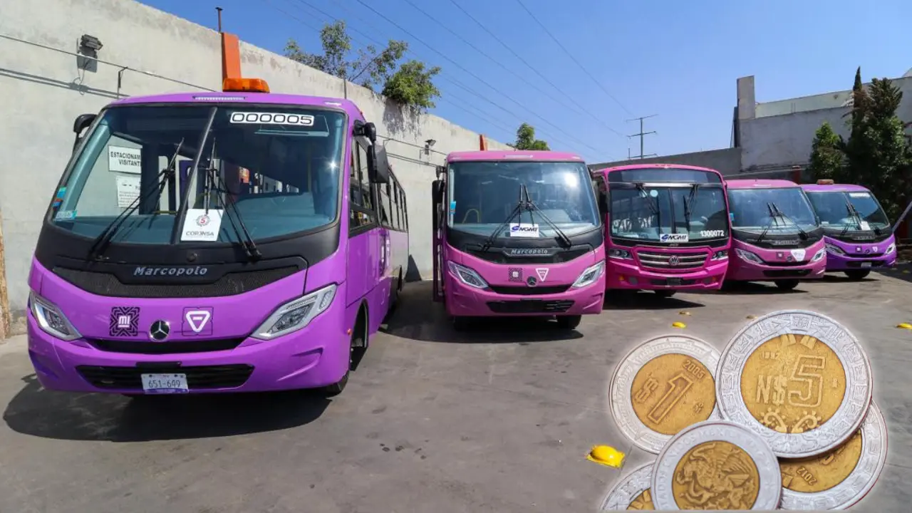 De fondo microbuses de la CDMX, monedas mexicanas. Foto: Gobierno CDMX | Canva