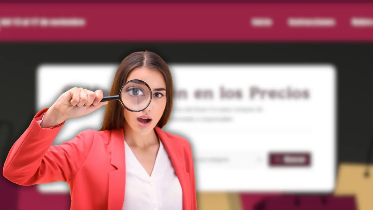 Mujer con una lupa en su ojo y de fondo la página de la PROFECO Foto: Canva