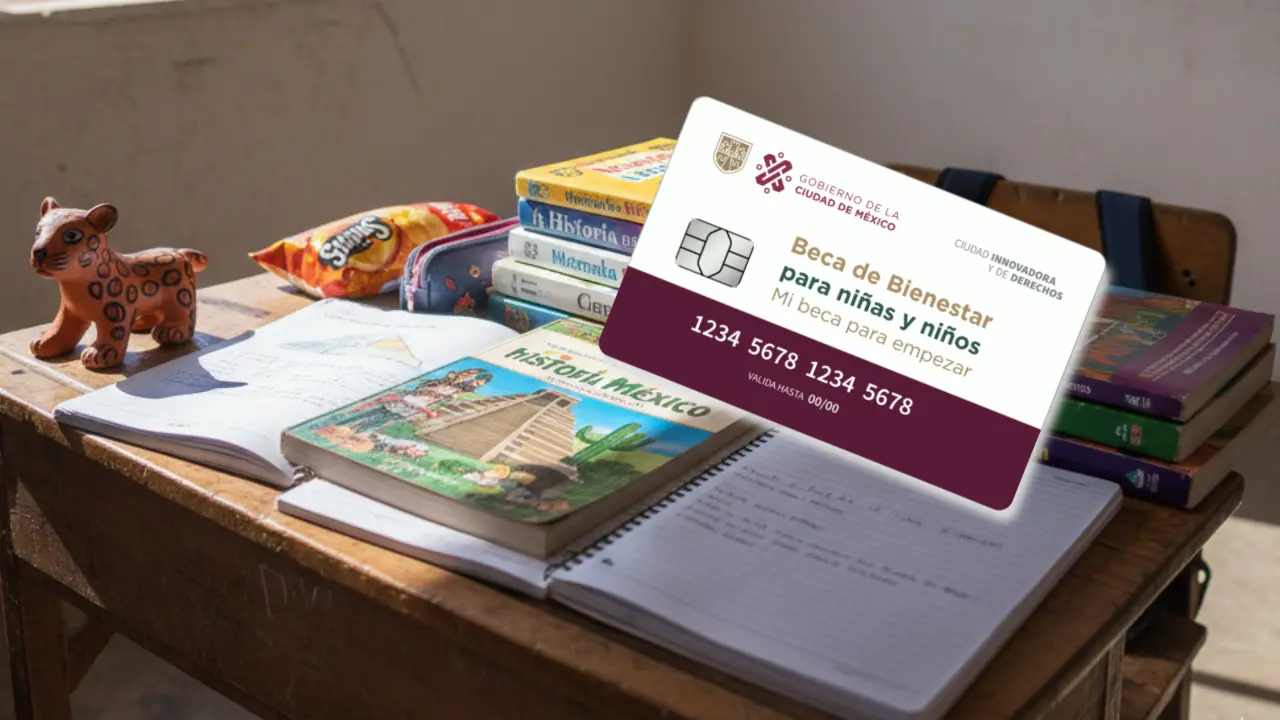 Imagen de libros en una mesa escolar en México y Tarjeta Mi Beca Para Empezar 2025 | Gemini IA | Gobierno de la Ciudad de México | Canva